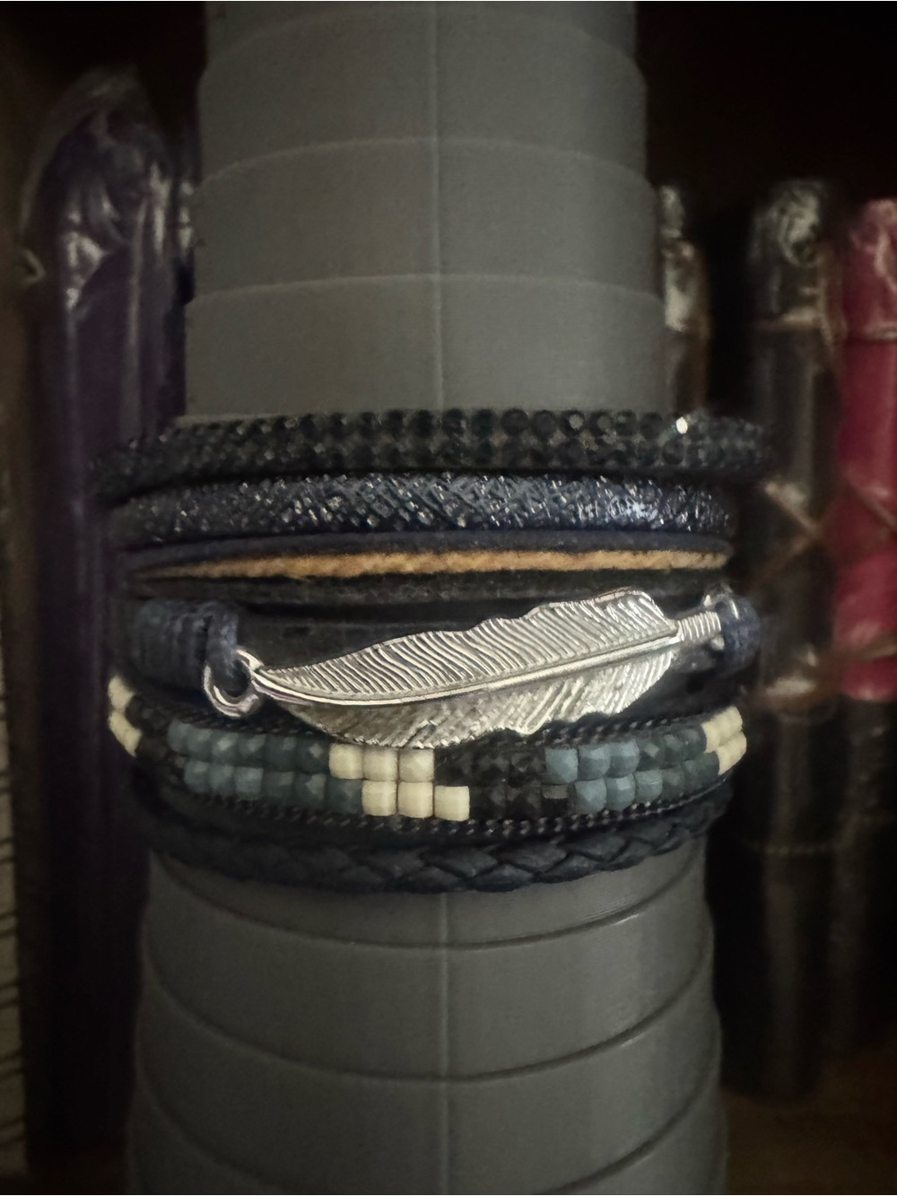 Boho Layered Feather Wrap Bracelet in Navy and White